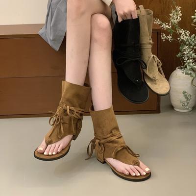 French Thick Heel Herringbone Toe Sandals Women's Summer New Retro Cool Boots Loose Fashion Warehouse Tube Short Boots