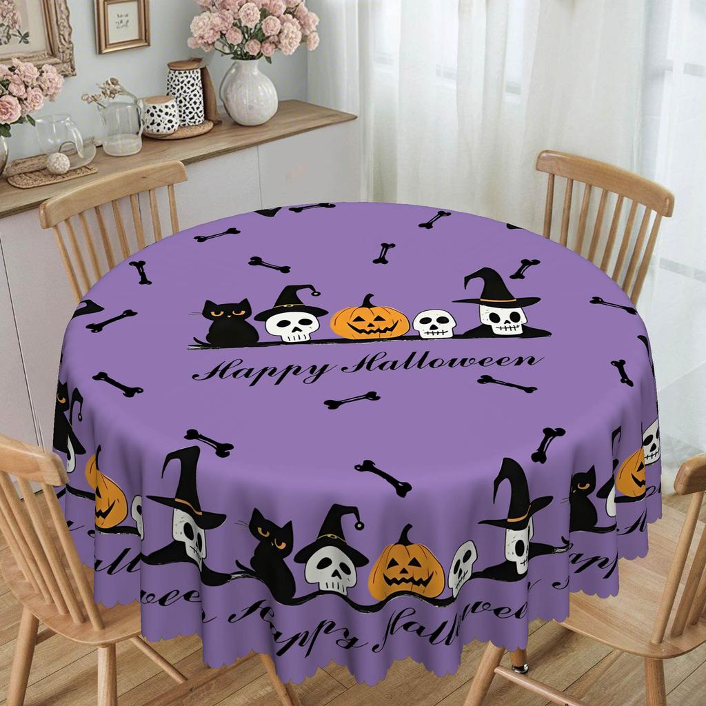 1 Lila Grimasse Kürbis Tischdecke, Schwarze Katze Totenkopf, Geeignet für den 5. Mai Tag der Toten Tisch Tischdecke