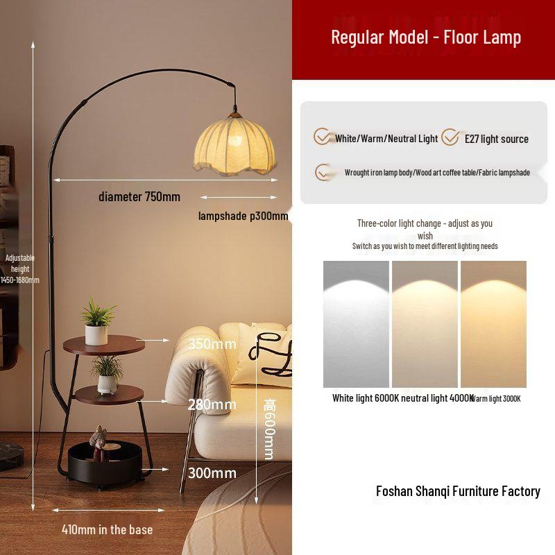 Antique-Style Floor Lamp with Integrated Coffee Table and Storage Rack