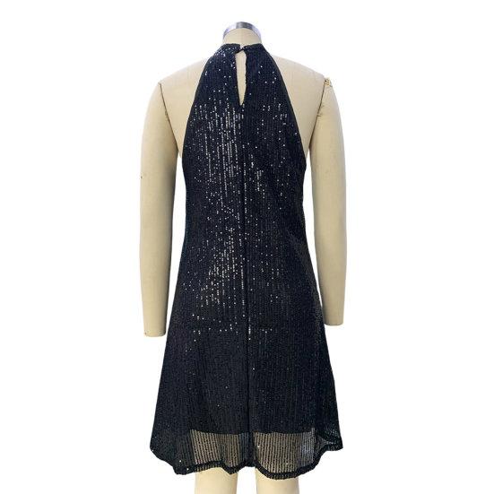 Ladies Dress Shiny Sequin Off Shoulder Sleeveless Cross Halter Neck Loose A Line Loose Hem Solid Color Mini Dress Party Prom Evening Dress