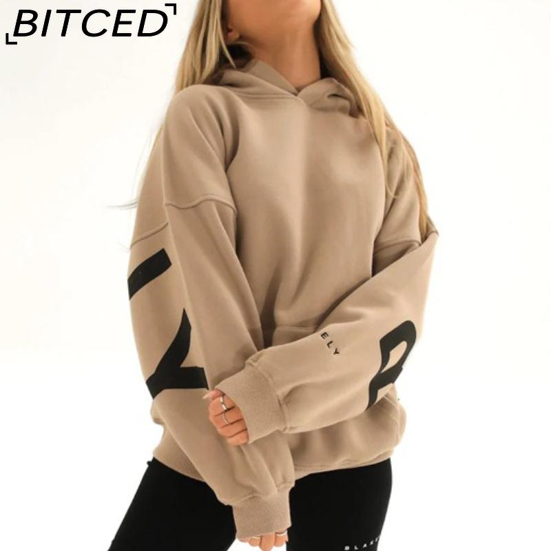 BITCED Damenmode Print Verdicktes Vielseitiges Langarm Oversize Kapuzensweatshirt