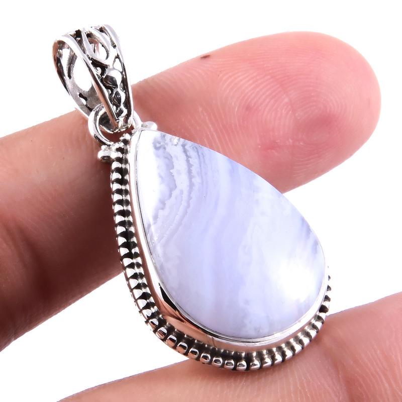 Natürlicher Blauer Spitzenachat Edelstein 925 Massiv Sterlingsilber Anhänger 1,7" y5t13