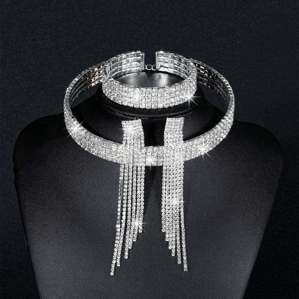 Collar three-piece luxury high-end multi-row rhinestone necklace, earrings, bracelet, fashion bridal jewelry, dress accessories
