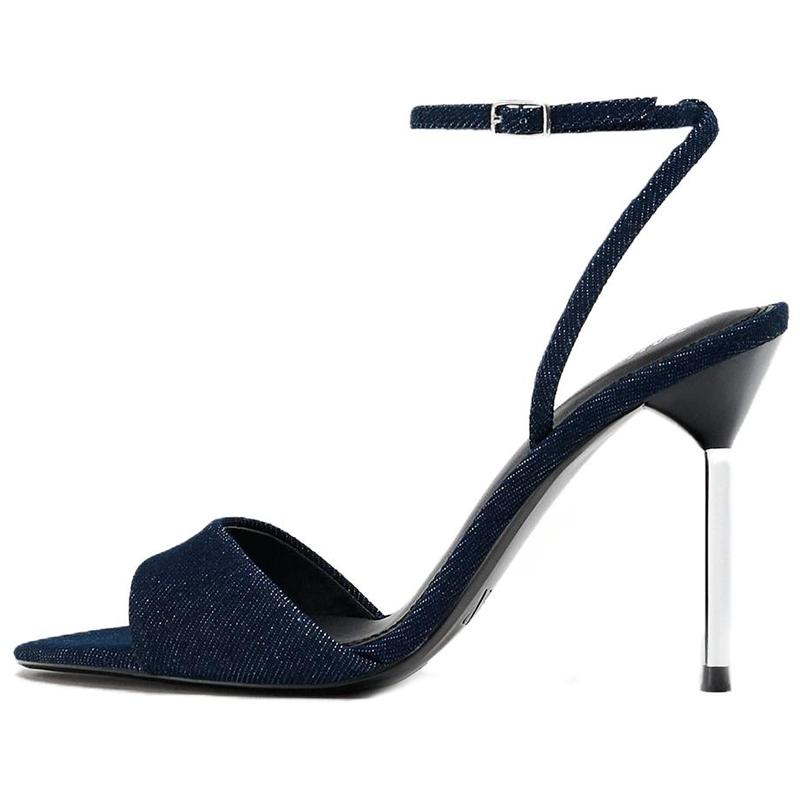

Zara Хлопок Элегантные Универсальные Высокий Каблук Деним Острый Носок Металлизированный Слой Один Ремешок Сандалии 11См Женские сандалии Синий 13326510400-38 38