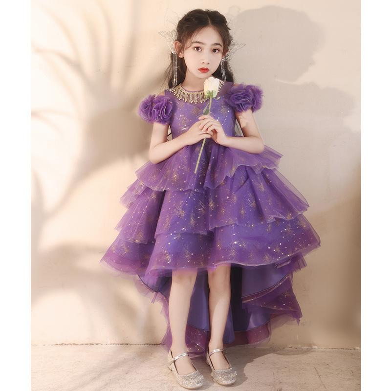 Kids Purple French Princess Evening Gown, Girls Host Wedding Flower Girl Piano Dress