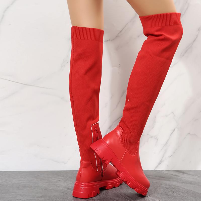Thigh High Boots Women Over-the-knee Long Platform Shoes Knitting Socks Chunky Red New Rock Elegant Goth Plus Size Lolita