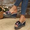Fashion Bohemia Flower Fabric Strap Wedge Heel Sandals Women Summer Round Toe Super High Heel Slides Casual Hemp Sole Beach Slippers
