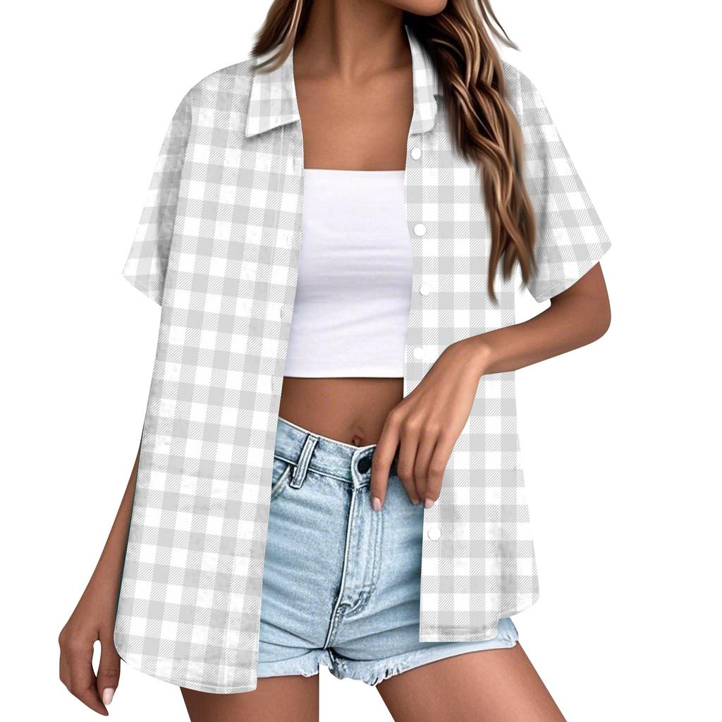 Women Casual Loose Short Sleeve Button Down Shirt Collar Plaid Checkered Blouse Summer Top Lightweight Breathable Fabric