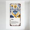 Nordic Fika Themed Metal Tin Sign, Weathered Rust Border with Blue Yellow Floral Teapot Teacup Illustration, Free WiFi Spit Cake