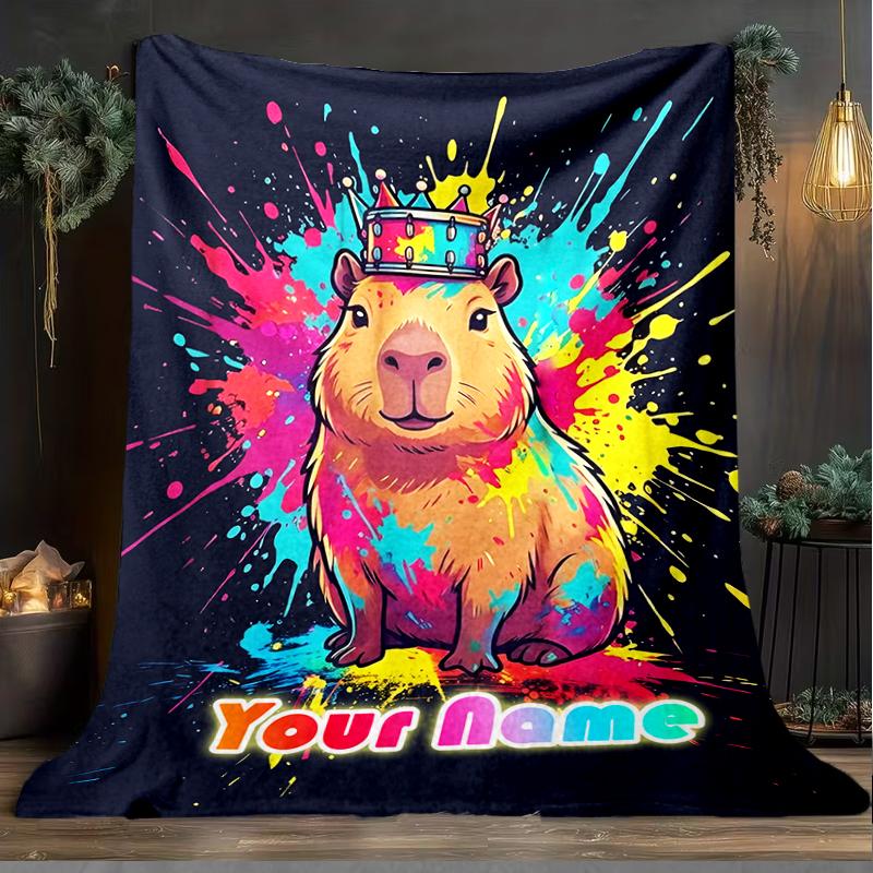 1PC Custom Name Colorful Capybara Majesty flannel blanket versatile,all-season throw suitable for the living room,bedroom,camping,travel,and gift