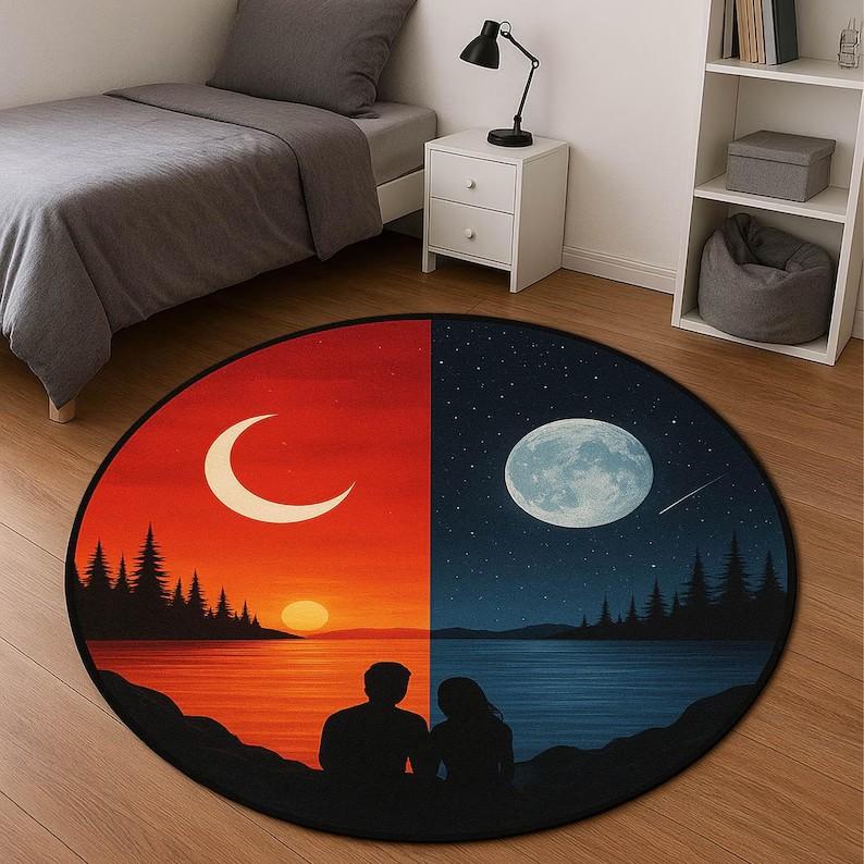 Black and Gold Round Rug Sun and Moon Design Celestial Yin Yang Carpet Boho Mystical Floor Mat Unique Spiritual Home Unique Gift