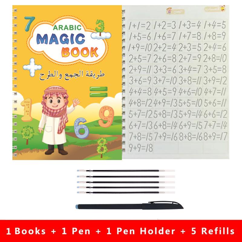 4 ks arabské magické cvičebné zošity, perá, predškolské deti, kaligrafický zápisník, bezplatné utieranie, opakovane použiteľný zošit na písanie pre deti vo veku 3-8 rokov