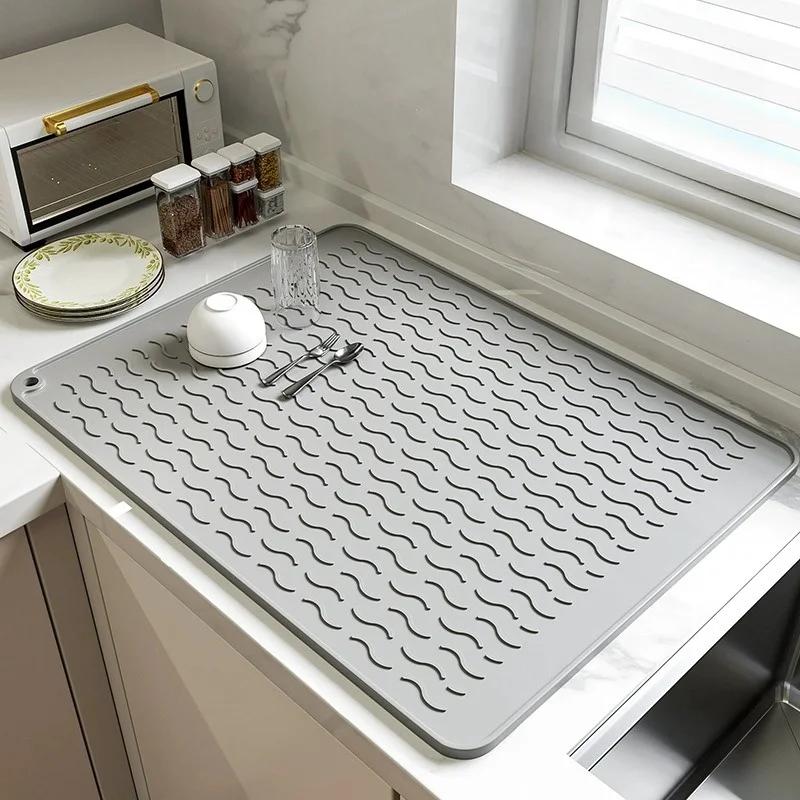 Коврик для сушки посуды на кухонной стойке силиконовый коврик для сушки термостойкий противоскользящий коврик для кастрюль тарелок чашек подушек для столовых приборов подставок для подносов L 55x45cm серый 5796₽
