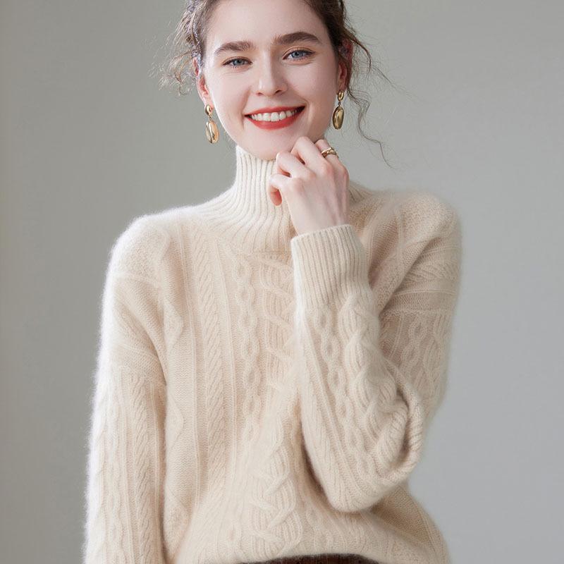 Heavyweight High-Neck Cashmere Sweater: Women's Retro Autumn/Winter Loose Cable Knit Base Layer