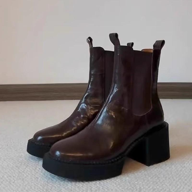 Cowhide Version~ Leather Platform Short Boots Women's Autumn and Winter Retro Chelsea Boots Thick Heel Thin Boots British Martin Boots