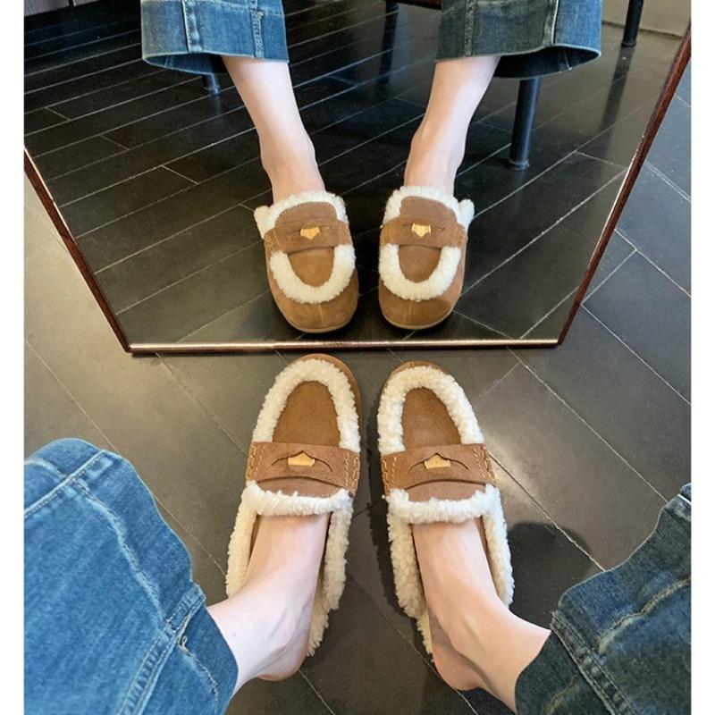 

Warm Huhu Baotou Half-drag One Pedal Fleece Gold Coin Warm Fluffy Slippers Female Winter 40 коричневий