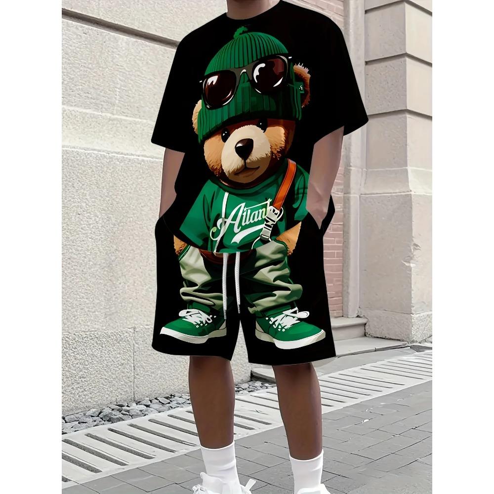 Summer Men's Features Retro Teddy Bear Printed Round-neck T-shirt Shorts Loose Breathable Large Size Short Sleeved Sport Wear