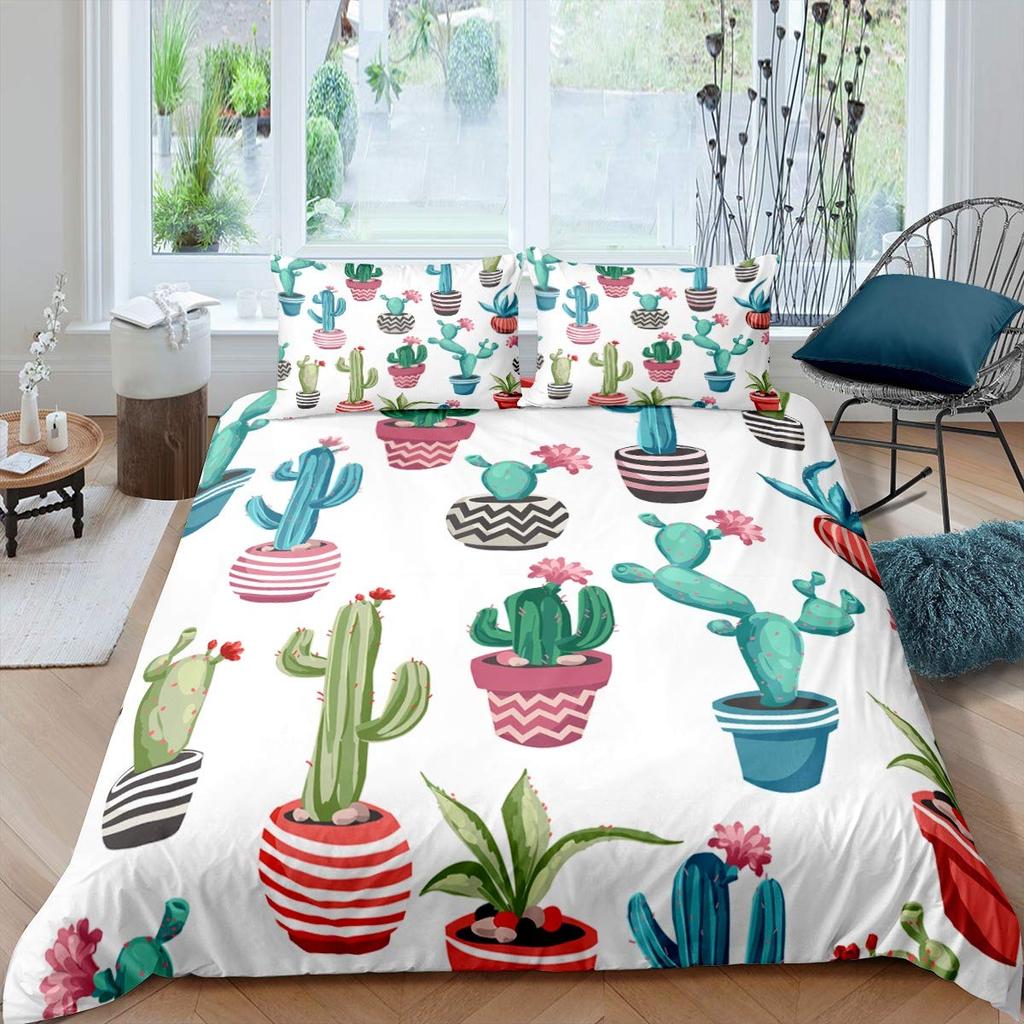 Cactus Duvet Cover Set King Size Hand Painted Style Bedding Set Nature Art Prints Comforter Cover Green Plant Cactus Quilt Cover