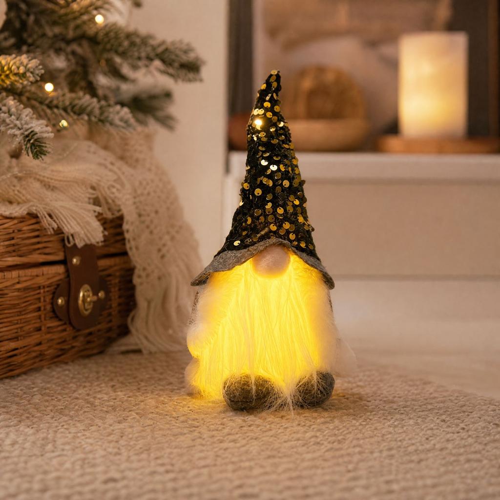 Christmas Gnome Figurine with Light-Up Sequin, Holiday Tabletop Decoration