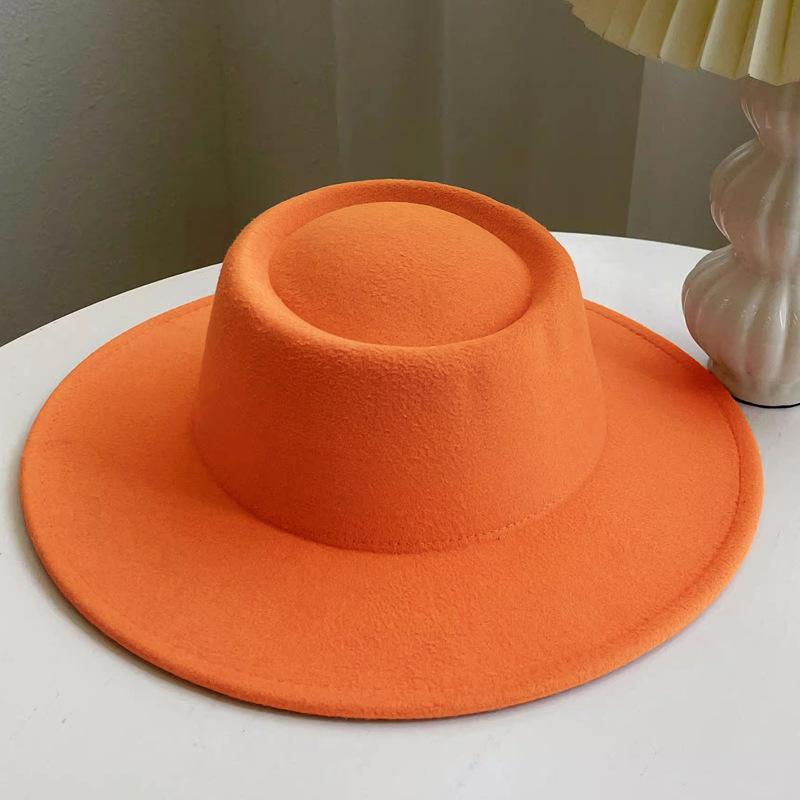 New Retro Imitation Wool Hat for Women Solid Color Versatile French Top Hat British Large Brim Dome Concave Felt Hat