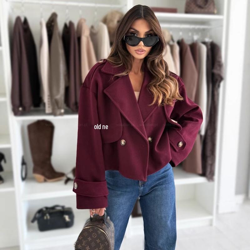 Podzimní/Zimní Jednobarevný Ležérní Vlněný Kabát s Dlouhým Rukávem