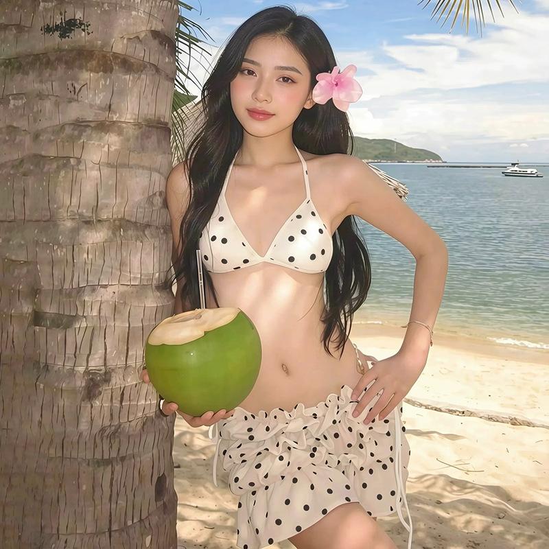 Korean Bikini Sexy Babes Three-point Women's Small Breasts Gathering Polka Dot Skirt Bikini Beach Hot Spring Vacation