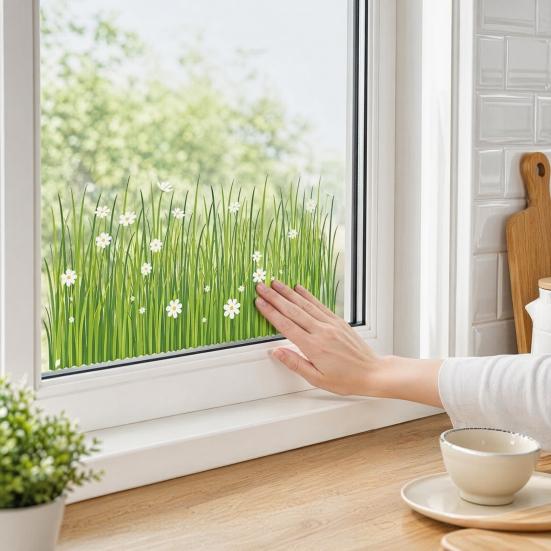Frühling Sommer Blumen Fensteraufkleber, Wildblumen Gras Fenstersticker für Glasfenster, Doppelseitiger Statischer Anti-Kollisions Blumendekal für Klassenzimmer