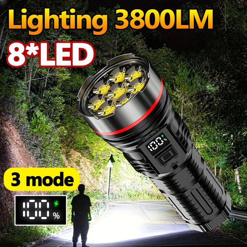 High Power 8-LED Flashlight Ultra-bright Long-range USB Rechargeable Flashlights with 3 Lighting Modes Emergency Torch