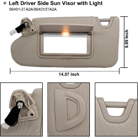 NHILES Left Driver Side Sun Visor Compatible With Nissan Altima 2013 2014 2015 2016 2017 2018 With Light, Without Sunroof 96401-3TA2A Beige
