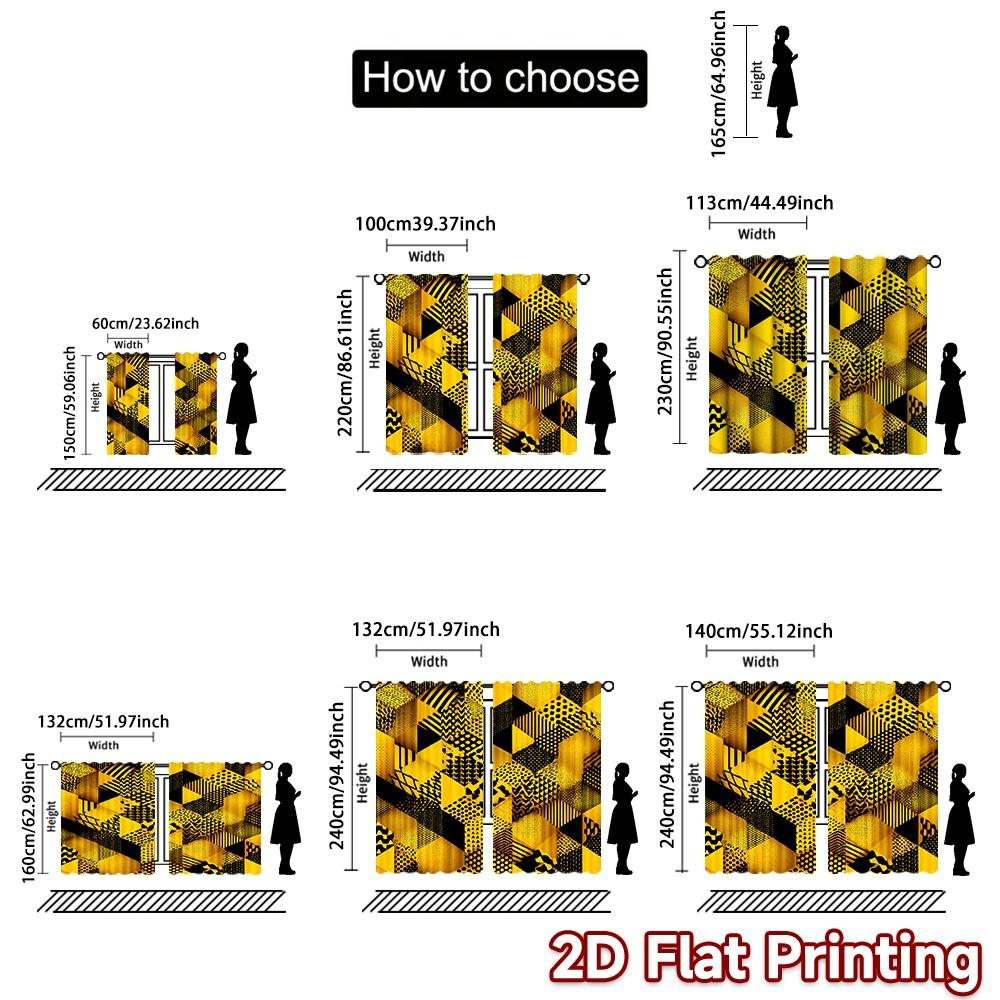 2D FLAT PRINTING 2pcs Curtains (Without Rod) Geometric Yellow Cubes Valentine is day Festival Creative Curtains Durable