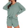 Damen Waffelstrick Pyjama Set Lässiges Langarm Oberteil und Shorts Nachtwäsche 2-teiliges Pjs Lounge Set mit Taschen
