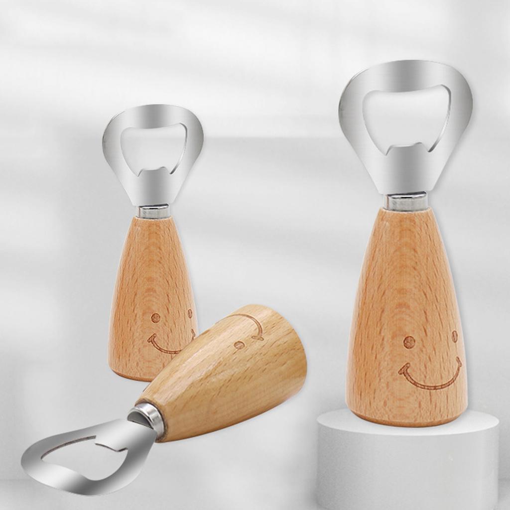 Stainless Steel Beer Opener with Wooden Handle and Smiling Face Comfortable Grip Opening Tool Practical Kitchen Gadget
