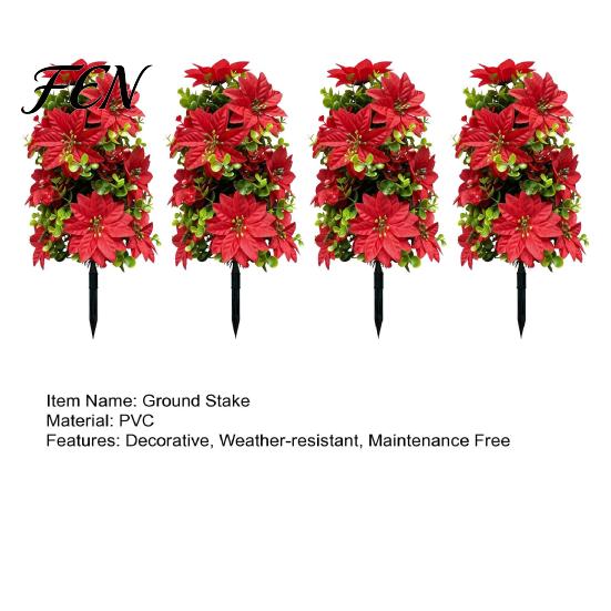 Winter Porch Decor 22" Artificial Poinsettia Flowers with Ground Spikes, Red Christmas Floral Stakes, Waterproof Stakes PVC Simulation Plants