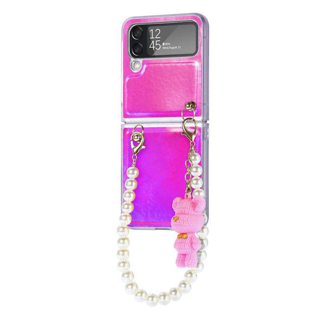 

Для Samsung Galaxy Z Flip 4 5g Роскошный цветной чехол Aurora с жемчужной цепочкой и подвеской в ​​виде медведя с лазерным градиентом, блестящий чехол с защитой от падения For Galaxy Z Flip 4 ярко-розовый