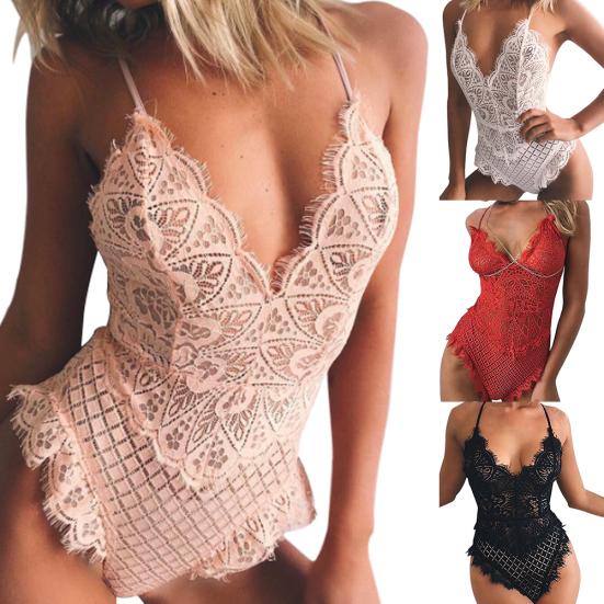 Damen Wimpernspitze Spitze Tiefes V-Ausschnitt Kreuzrücken Träger Ärmellos Sexy Body