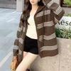 Women's Color Block Striped Knit Cardigan - Korean Style Autumn/Winter Hooded Casual Wear