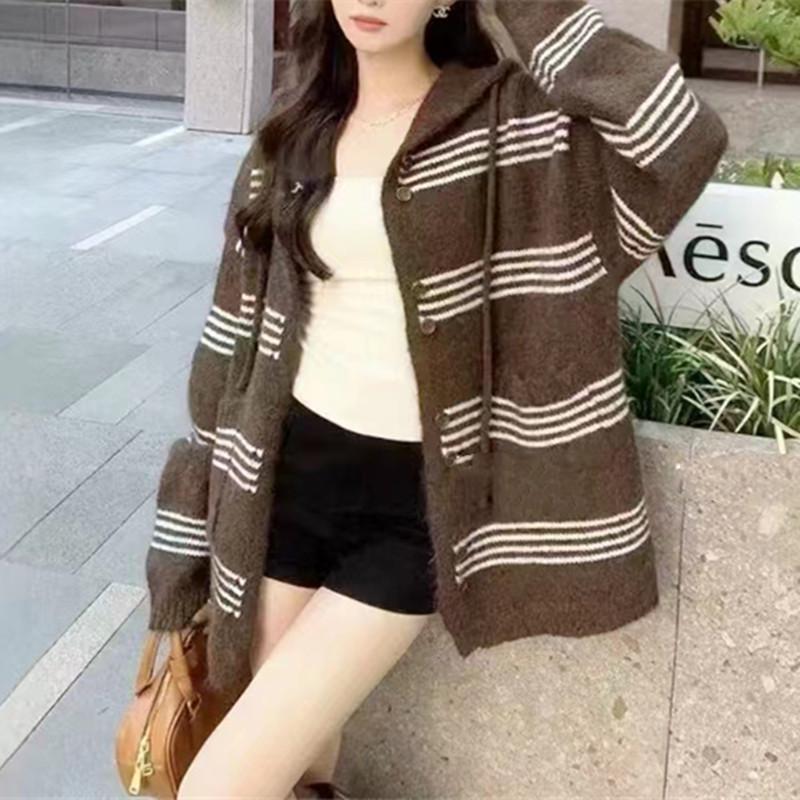 Women's Color Block Striped Knit Cardigan - Korean Style Autumn/Winter Hooded Casual Wear