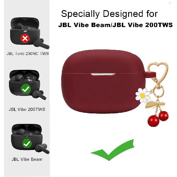 for JBL Vibe Beam 2 / JBL Vibe Beam Case Cover with Cute Cherry Daisy Flower Charm Keychain,Soft Silicone Protective Shock Cover for JBL Vibe 200TWS