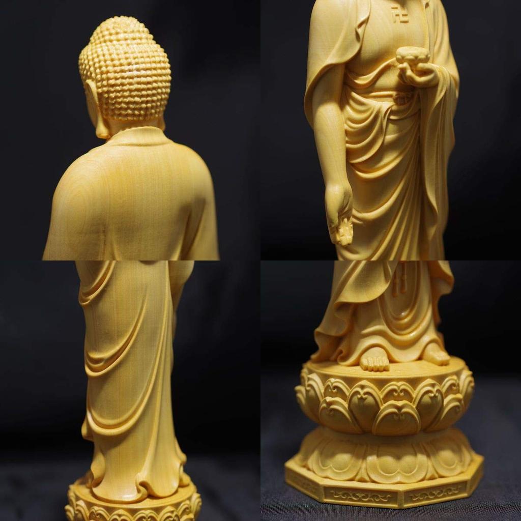 Stehende Amitabha Buddha Statue, Ungefähr 20 cm hoch, Aus natürlichem Buchsbaum gefertigt, Amitabha Buddha, Holzschnitzerei, [Produktcode]