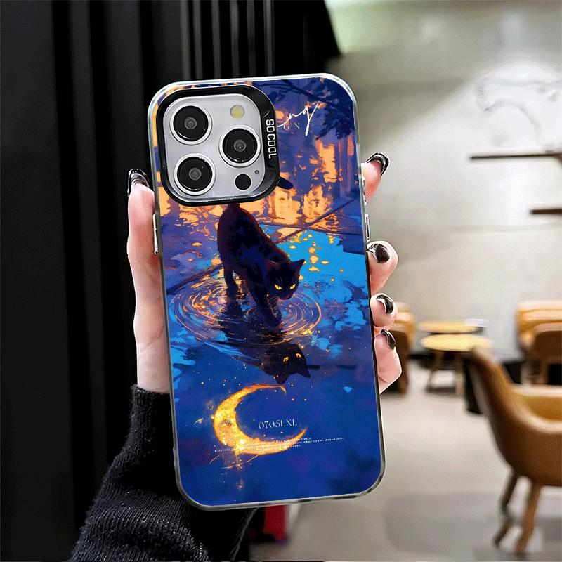 Night Moon Cat Dreamy Art Shockproof Phone Case for iPhone 17 Air 16 16E 15 Pro Max 14 Plus 13 Mini 12 Back Cover Anti Fall Fund