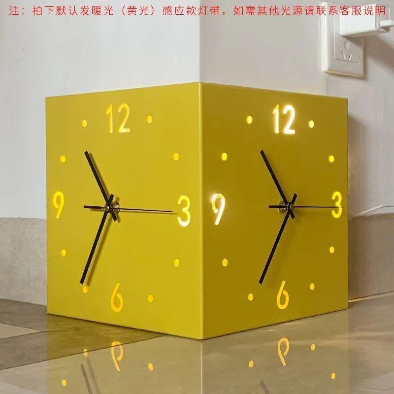 Automatic Induction Lamp Corner Wall Clock Steel Sun Corner Double-sided Wall Clock Digital Hollow Mute Free Punching