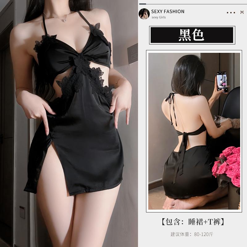 

Сексуальное нижнее белье женское сексуальное глубокое V атласное кружевное плетение ночная рубашка на бретельках ночная одежда для дома One Size (80-60kg) чёрный