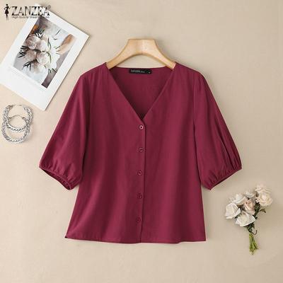 Women Casual V-Neck Solid Color Half Sleeve Blouse