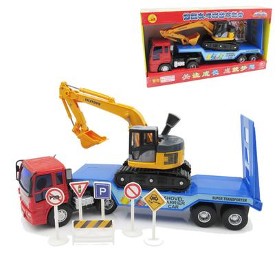 1/64 Scale Engineering Vehicle Excavator Truck Toy Set 2Pcs/Set Inertia Cars with 6 Traffic Signs No Battery Required Birthday Gift for Boy