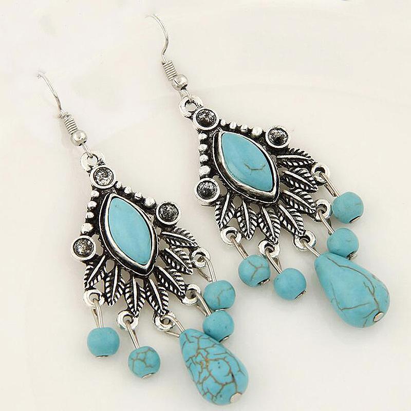 Retro Earrings, Water Drop Turquoise Temperament Earrings, Ethnic Turkish Blue Fringed Earrings.