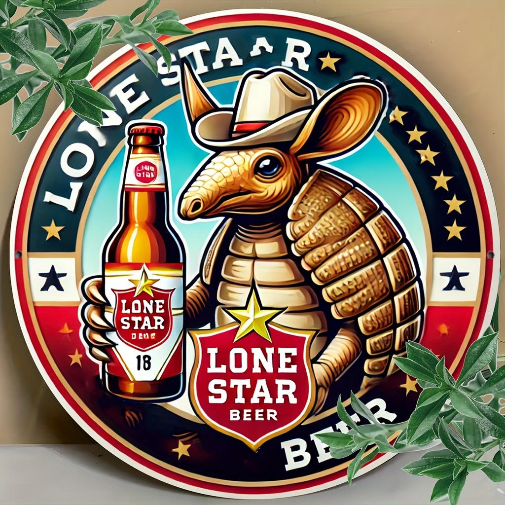 1pc Lone Star Armadillo Beer Wooden Sign, 8x8 Inch Vintage Circle Wall Art, Durable, Weatherproof, No Fade, Perfect for Home, Office, Bar, Cafe Decor