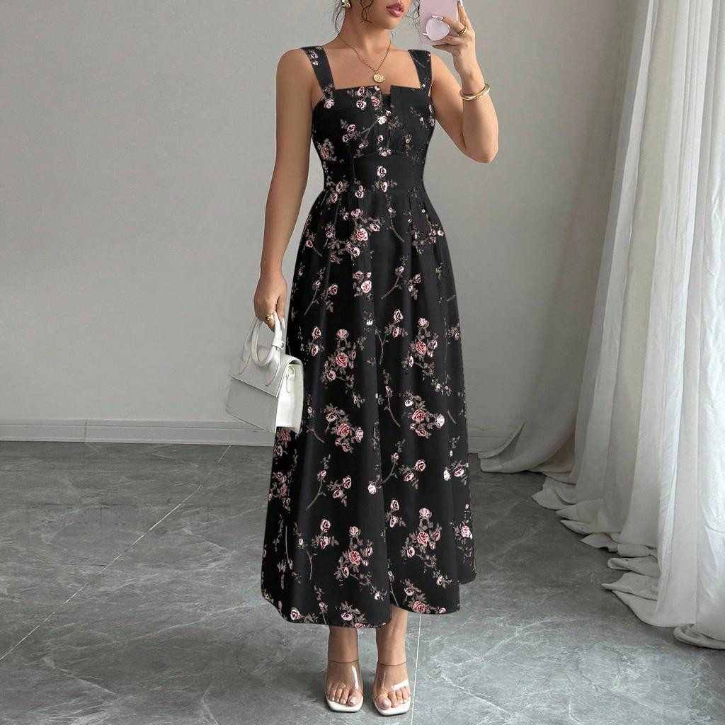 Women Sleeveless Square Neck Floral Print Maxi Dress Casual Loose Fit Long Sundress Lightweight Summer Wear
