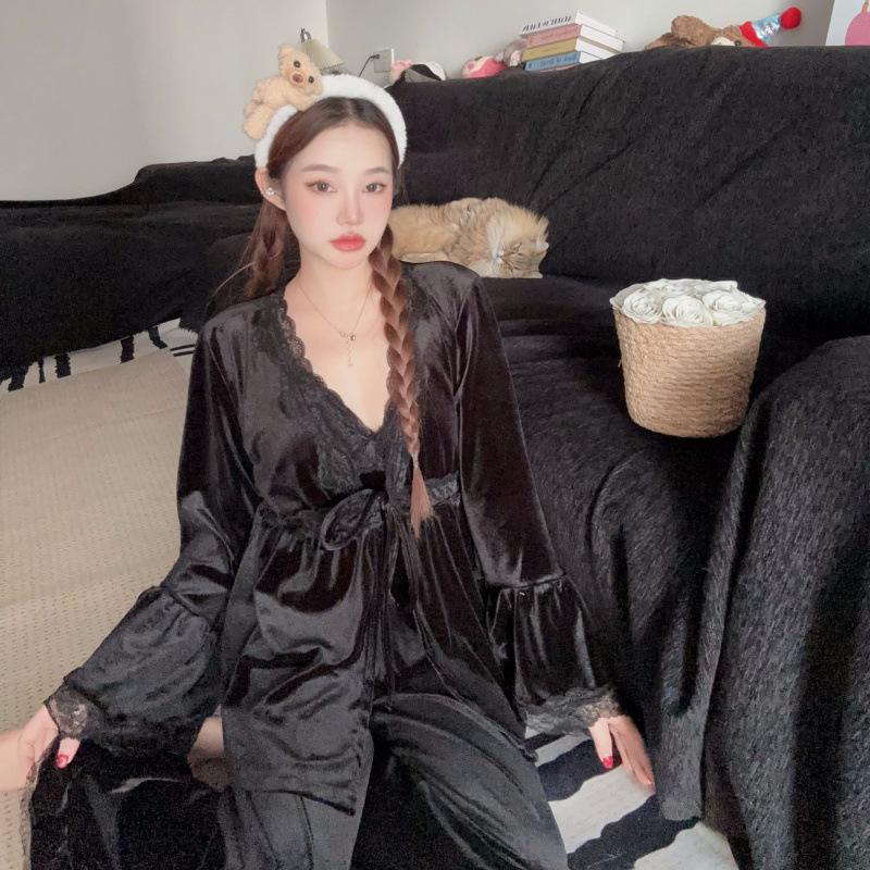 Lusi's French Gold Velvet Sexy Pajama Set: Camisole, Long Sleeve, and Long Pants.