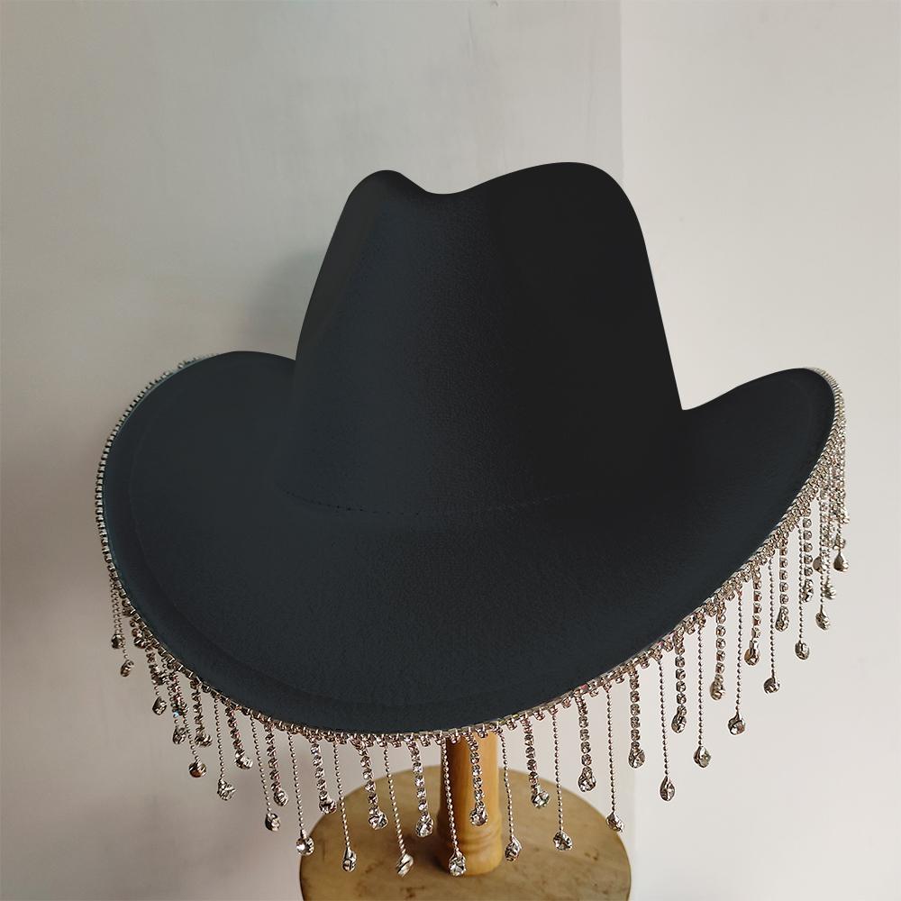 Women Rhinestone Tassel Decor Wide Brim White Fedora Hat For Party Cap Handmade Rhinestone Fringe Cowgirl Hat Wholesale