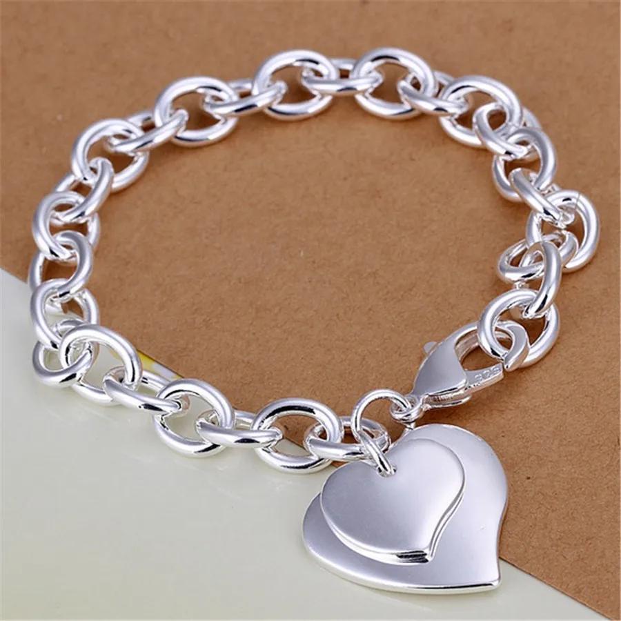 925 Silver Exquisite Double Heart Pendant Bracelets Charms Wedding High Quality Fashion Jewelry Christmas Gifts